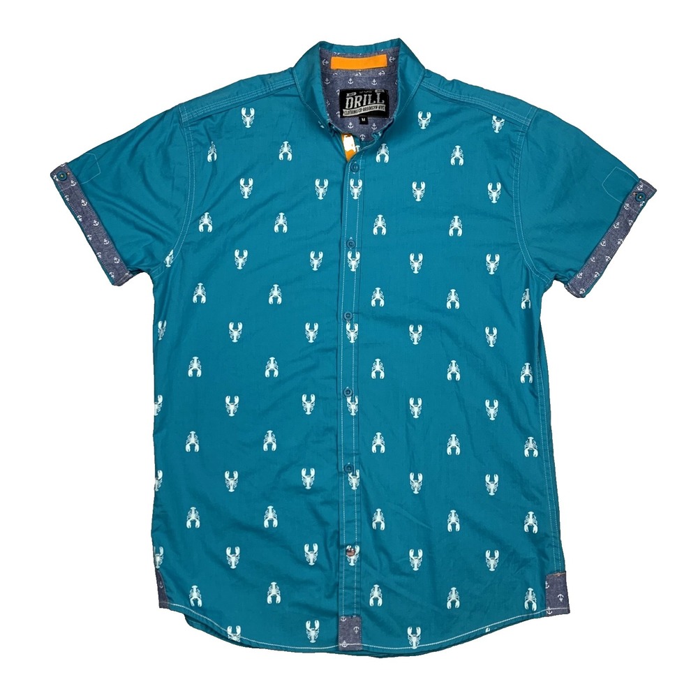 Drill Clothing Co Shirt Mens Large White Blue Lobster Print Short Sleeve Button